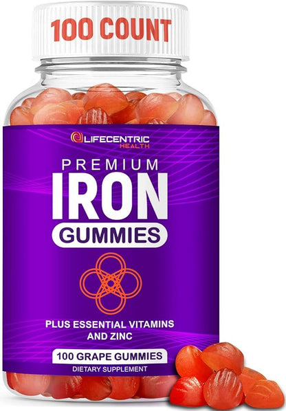 LifeCentricHealth Iron Gummies for Adults & Kids | Biotin Zinc Vitamin B Folic Acid Gummies | Vegan Gluten Free Blood Builder Anemia Supplements | Tasty Energy Boosting Iron Supplement for Women & Men