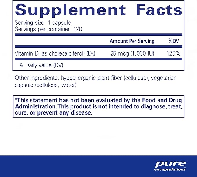 Pure Encapsulations Vitamin D3 25 mcg (1,000 IU) - Supplement to Support Bone, Joint, Breast, Heart, Colon & Immune Health - with Premium Vitamin D - 120 Capsules