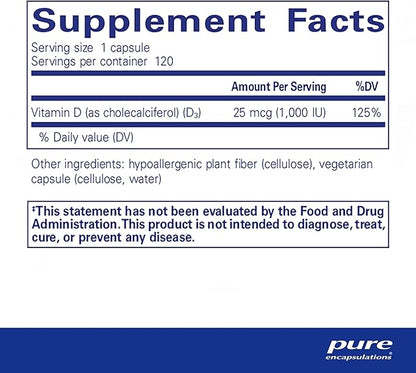Pure Encapsulations Vitamin D3 25 mcg (1,000 IU) - Supplement to Support Bone, Joint, Breast, Heart, Colon & Immune Health - with Premium Vitamin D - 120 Capsules