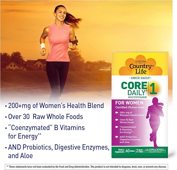 Country Life Women’s Core 1 Daily Multivitamin with Iron, Cranberry, Probiotics, and Digestive Enzymes-Certified Gluten-Free Formula for Energy, Immune Support and Complete Digestive Health,60 Tablets