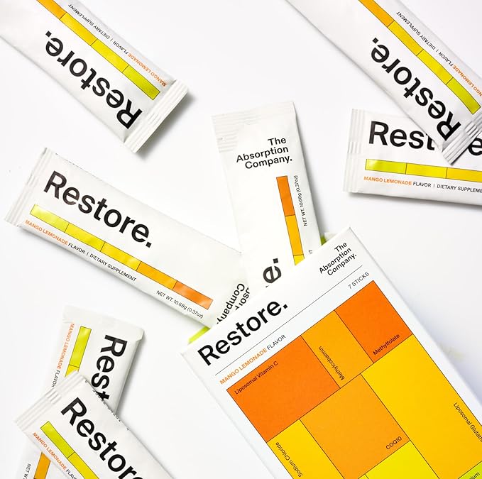 Restore - Electrolyte Powder Packets - Workout Recovery & Hydration Drink Mix with Glutathione, Vitamin C & B Vitamins - Mango Lemonade (28 Sticks)