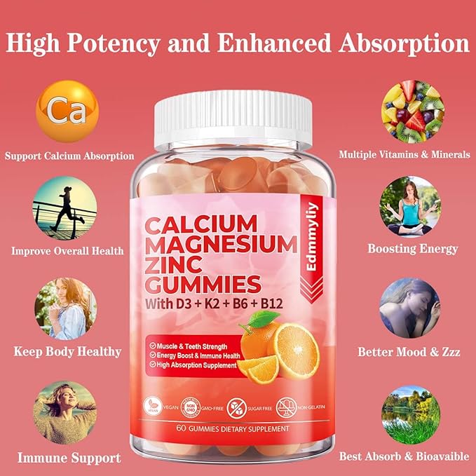 Sugar Free Calcium Magnesium Zinc Supplement Gummies with Vitamin D3 & B12 for Women and Men High Absorption Calcium Magnesium Supplement for Bone & Teeth Strength, Muscle & Immune (120 Counts)