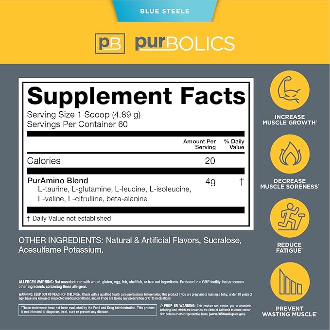 Aminos | 4g of Free-Form Amino Acids, Beta-Alanine, 0 Sugar & 60 Servings (Blue Steele)