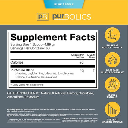 Aminos | 4g of Free-Form Amino Acids, Beta-Alanine, 0 Sugar & 60 Servings (Blue Steele)