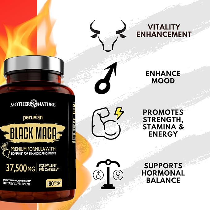 Mother Nature Black Maca Root Capsules – 50:1 37,500mg Peruvian Black Maca Root for Men, Women with Bioperine – Maca Root Capsules to Boost Stamina, Performance, Energy, Muscle Gain – 180-Count