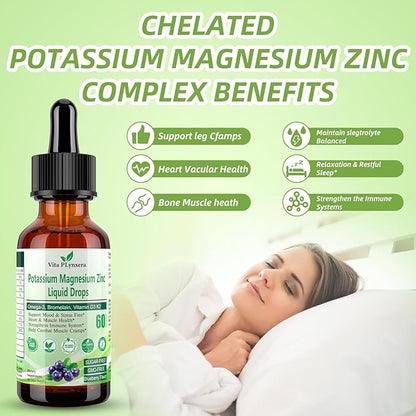 Potassium Magnesium Supplement Liquid Drops Plus Calcium Omega-3 D3 B6 K2, Organic Liquid Potassium Magnesium Aspartate, Citrate, for Leg Cramp, Vascular Muscle & Electrolyte Balance 2 Fl/Oz