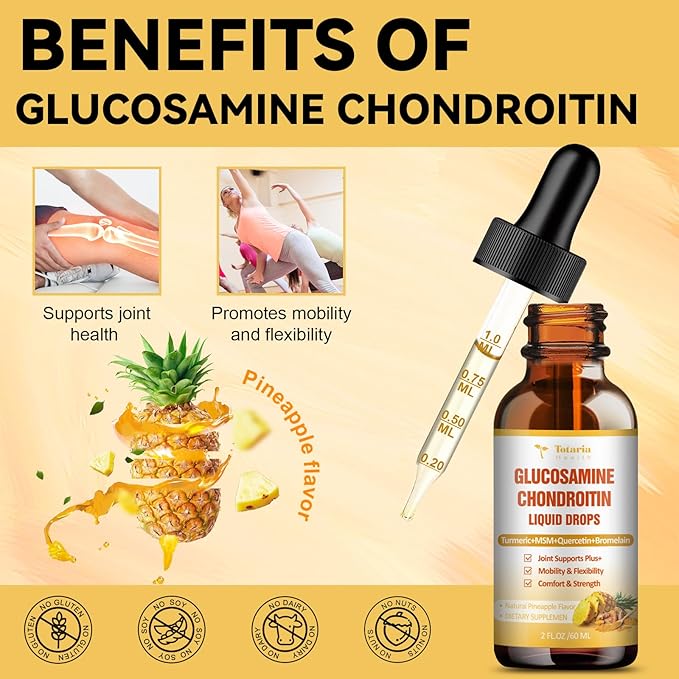 Glucosamine Chondroitin MSM Liquid Drops - FSA HSA Eligible Items List Chondroitin Sulfate Supplement Turmeric, Quercetin, Bromelain, MSM Oil Support Joint Health Vegan Supplements