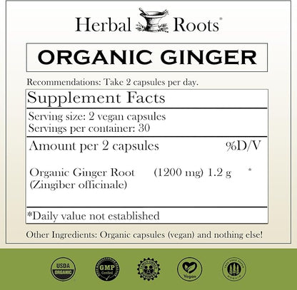 Herbal Roots Ginger Supplement | Organic Ginger Root Capsules | 1,200 mg of Pure Ginger Powder per Serving | 60 Vegan Capsules