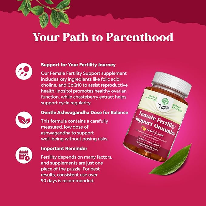 Fertility Gummies for Women Trying to Conceive - Yummy Gummy Fertility Supplement for Women with Myo-Inositol Folic Acid & Vitex Chasteberry - Vegan Non-GMO & Gluten Free - Juicy Peach (45 Servings)