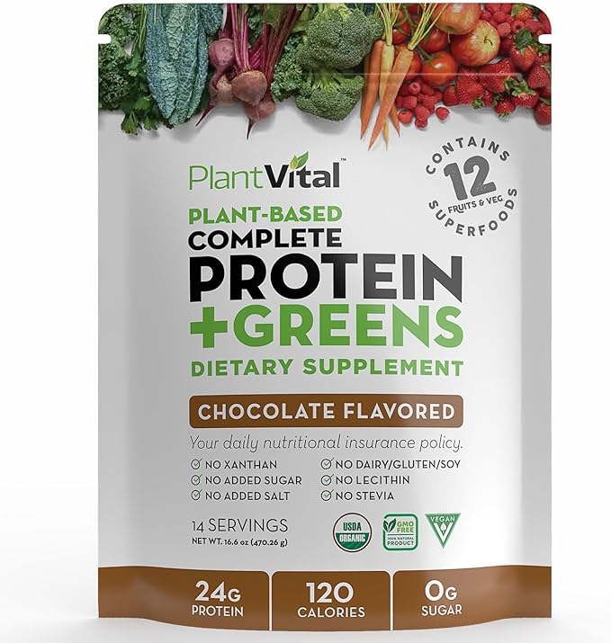 PlantVital Vegan Protein Powder Plant Based, Organic Protein Powder Chocolate, 24g/0g sugar, 12 Superfoods, Veggies, Probiotics, Raw Cocoa, Kale, Beets, Spirulina, Pea, Gluten-Free, Keto-Friendly,16oz