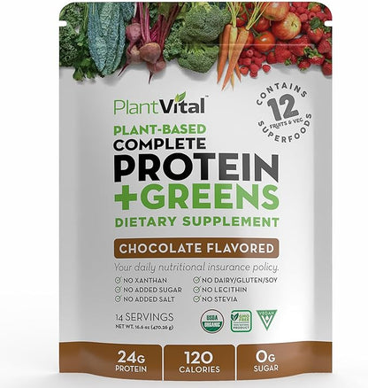 PlantVital Vegan Protein Powder Plant Based, Organic Protein Powder Chocolate, 24g/0g sugar, 12 Superfoods, Veggies, Probiotics, Raw Cocoa, Kale, Beets, Spirulina, Pea, Gluten-Free, Keto-Friendly,16oz