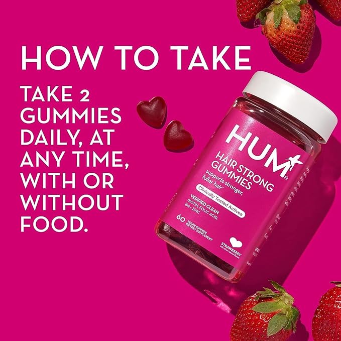 HUM Hair Strong - Daily Gummies with Biotin to Improve Hair Growth - Fo Ti, Folic Acid, Zinc, Vitamin B12 & PABA to Support Healthy Hair, Skin and Nails for Women and Men (100-Count)
