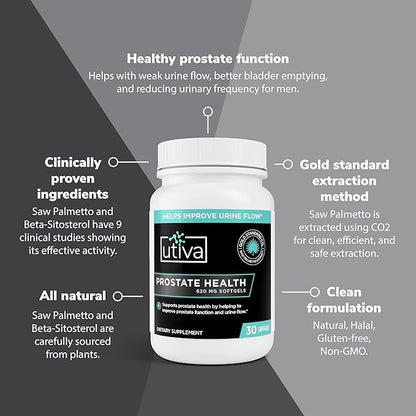 Utiva Prostate Health Supplement for Men - Natural Formula for Prostate Function and Urine Flow - Beta-Sitosterol and Saw Palmetto Prostate Supplement - Made in Canada, 30 Softgels