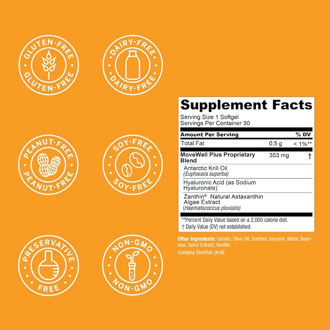 Live Conscious Joint Health Supplement - MoveWell Plus Antarctic Krill Oil, Natural Astaxanthin and Hyaluronic Acid | Outperforms Glucosamine