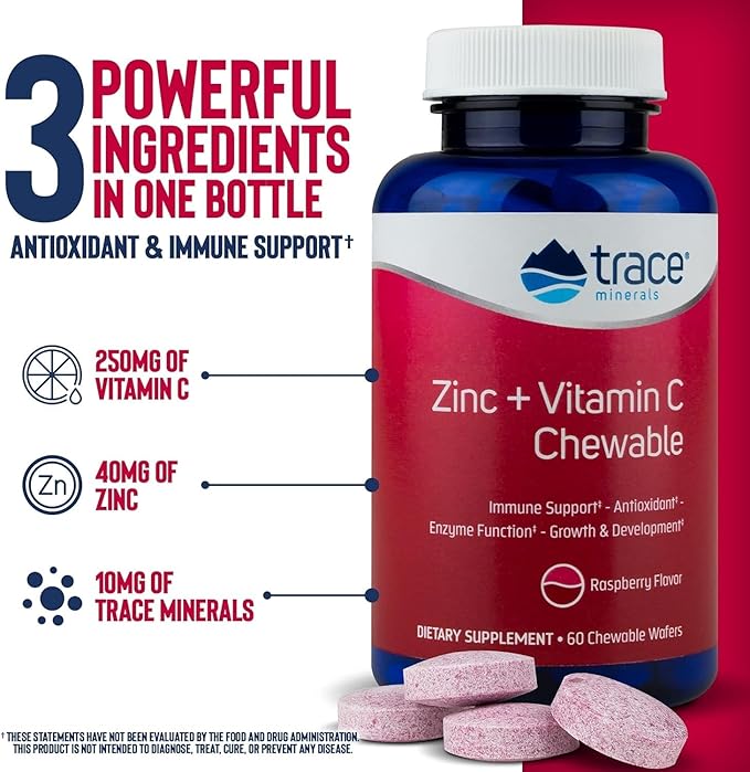 Trace Minerals Zinc Plus Vitamin C - Chewable Multivitamin for Enzyme Function & Healthy Growth Support - Vitamin & Mineral Supplement for Immune Health - Raspberry, 60 Chewable Wafers (60 Servings)