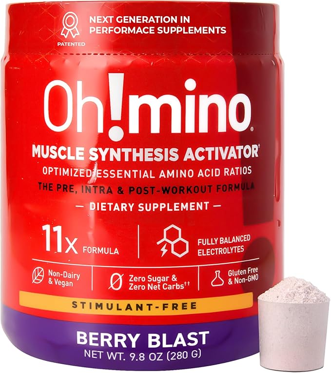 Oh!mino Amino Acid Energy Blend - Sugar-and-Stimulant-Free, Pre-Post Workout Powder, BCAA Amino Acids, Workout Recovery Drink, Muscle Synthesis Activator, Berry Blast, 280 g, 40 Servings