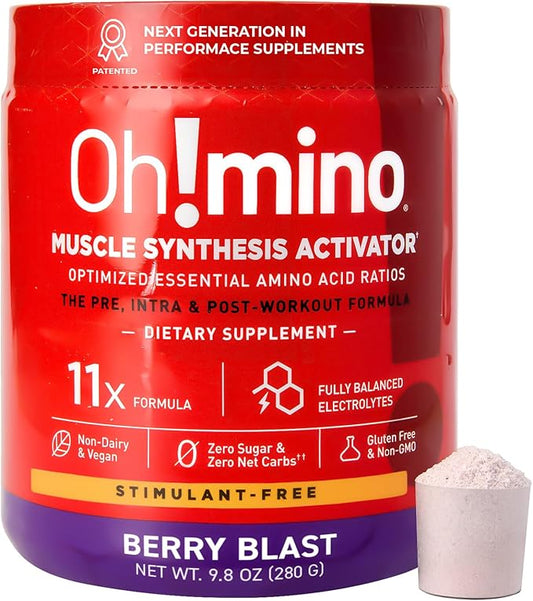 Oh!mino Amino Acid Energy Blend - Sugar-and-Stimulant-Free, Pre-Post Workout Powder, BCAA Amino Acids, Workout Recovery Drink, Muscle Synthesis Activator, Berry Blast, 280 g, 40 Servings
