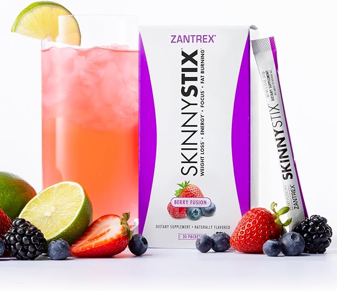 Zantrex SkinnyStix Energy Powder – Lose Weight, GLP-1, Appetite Suppressant, Boost Mood – 10 Calories – Yerba Mate, Coffee Bean – 30 Stix, Berry