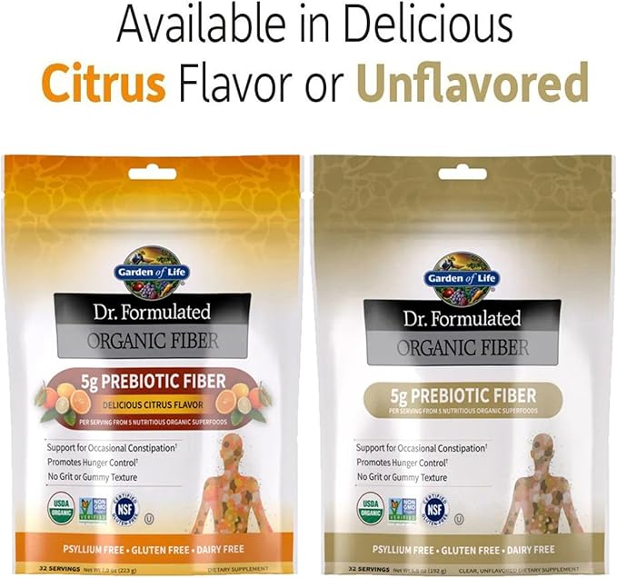 Garden of Life Dr Formulated Organic Fiber Supplement Powder Citrus, Sugar Free, Psyllium Free Prebiotic Superfoods, Constipation Relief and Hunger Control for Men and Women, 32 Servings