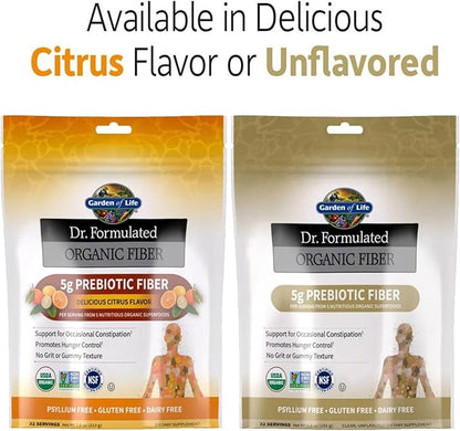 Garden of Life Dr Formulated Organic Fiber Supplement Powder Citrus, Sugar Free, Psyllium Free Prebiotic Superfoods, Constipation Relief and Hunger Control for Men and Women, 32 Servings