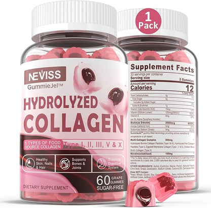 Hydrolyzed Collagen Peptides Gummies 800mg, Sugar Free Multi Peptides Type I II III V & X, Plus Biotin, Keratin & Vitamin for Women Men Healthy Skin Hair Nails, Bone & Joint Support
