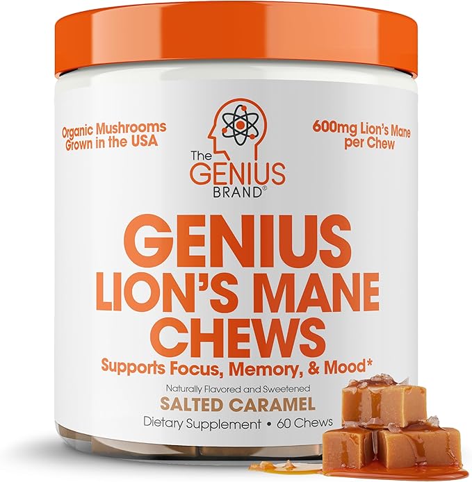 Genius Lion's Mane Soft Chews Supplement – Nootropic Mushroom for Focus, Clarity, Memory, Energy, Brain Health Support – Salted Caramel Flavor