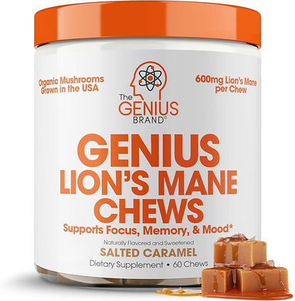 Genius Lion's Mane Soft Chews Supplement – Nootropic Mushroom for Focus, Clarity, Memory, Energy, Brain Health Support – Salted Caramel Flavor