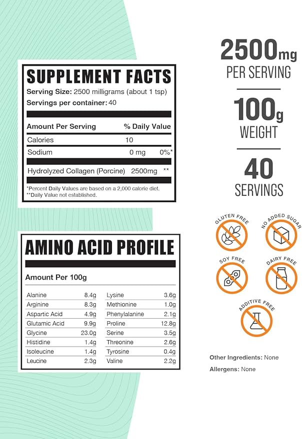 BulkSupplements.com Porcine Collagen Powder - Hydrolyzed Collagen Powder, Collagen Supplement, Collagen Protein Powder - Gluten Free, 2500mg per Serving, 100g (3.5 oz) (Pack of 1)