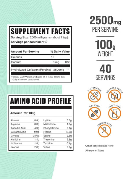 BulkSupplements.com Porcine Collagen Powder - Hydrolyzed Collagen Powder, Collagen Supplement, Collagen Protein Powder - Gluten Free, 2500mg per Serving, 100g (3.5 oz) (Pack of 1)