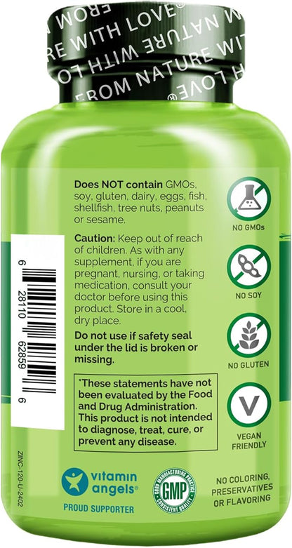 NATURELO Vegan Zinc Whole Food Complex Supplement with Vitamin C for Immune Support and Healthy Skin, Hair, and Nails - 120 Capsules