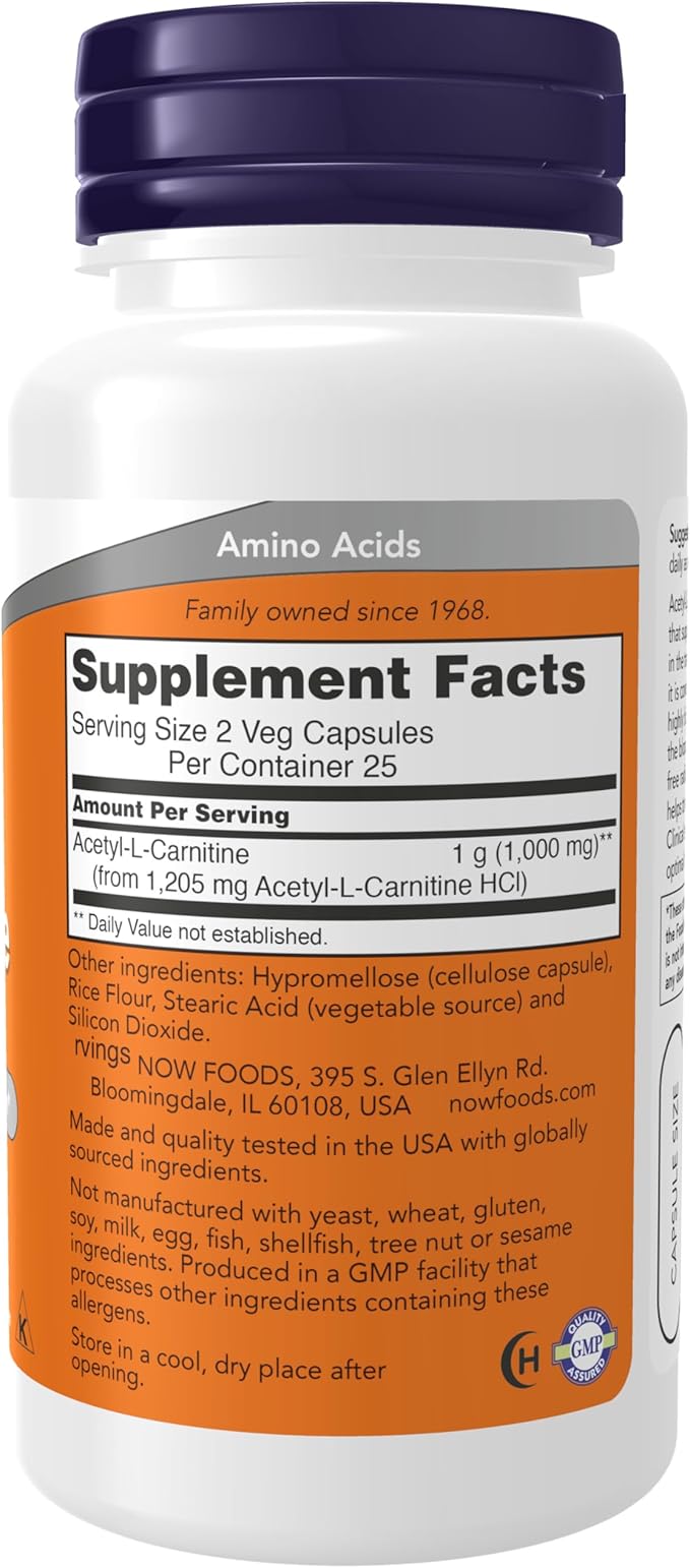 NOW Foods Supplements, Acetyl-L Carnitine 500 mg, Amino Acid, Brain And Nerve Cell Function*, 50 Veg Capsules