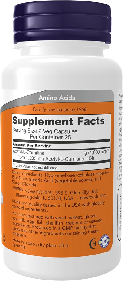 NOW Foods Supplements, Acetyl-L Carnitine 500 mg, Amino Acid, Brain And Nerve Cell Function*, 50 Veg Capsules