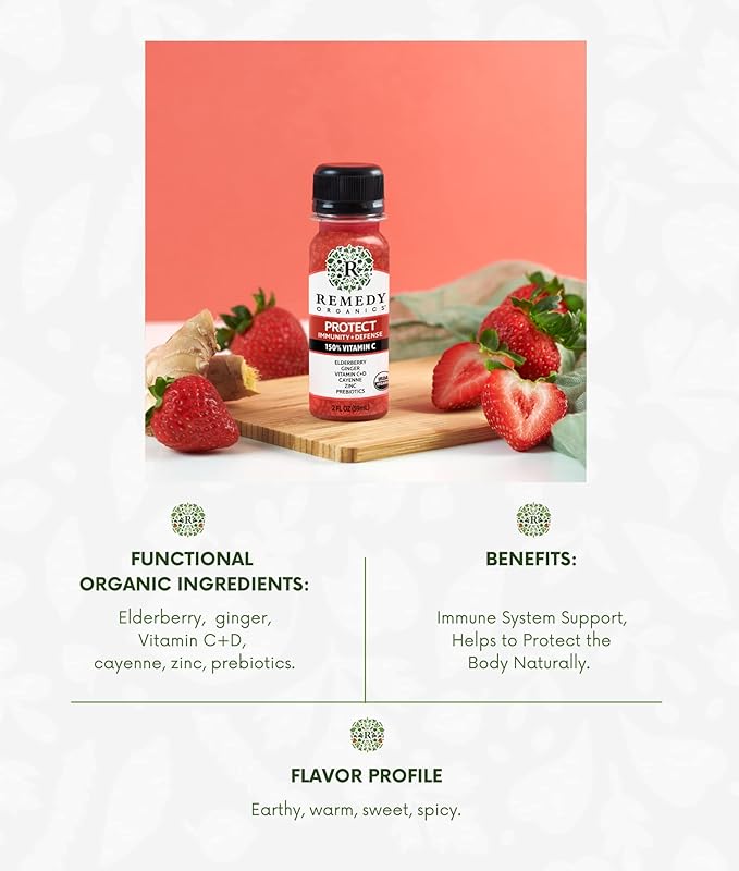 Remedy Organics Immunity Plus Shot, Protect 24-Pack | Boost Energy, Brain Function, Detoxification, and Metabolism | Certified-Organic Ingredients