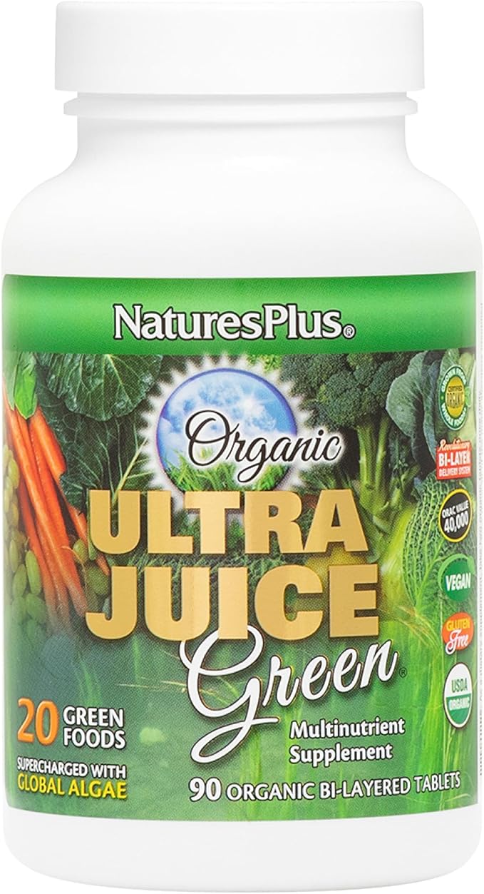 Natures Plus Ultra Juice Green Multivitamin - 90 Vegetarian Tablets, Bilayered - Multinutrients - Whole Green Foods & Global Algae - Non-GMO, Organic, Gluten-Free - 45 Servings