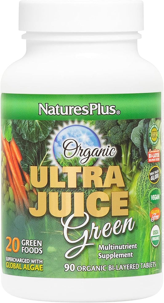 Natures Plus Ultra Juice Green Multivitamin - 90 Vegetarian Tablets, Bilayered - Multinutrients - Whole Green Foods & Global Algae - Non-GMO, Organic, Gluten-Free - 45 Servings
