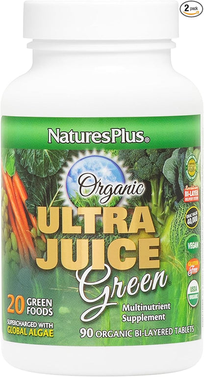 NaturesPlus Ultra Juice Green - 90 Bi-Layered Tablets, Pack of 2 - Supports Immune Health, Digestion & Energy Production - Organic, Non-GMO, Vegan, Gluten Free - 90 Total Servings