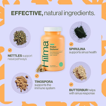 Hilma Natural Sinus Support – All Day Allergy & Sinus Relief from Pollen & Dust w/Butterbur, Stinging Nettles & Spirulina - Non-Drowsy - Organic, Clinically Proven Ingredients - 120 Vegan Capsules