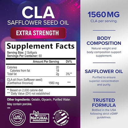 CLA Supplement, Conjugated Linoleic Acid 1560mg - Extra Strength CLA Supplement Pills - Support Body Composition, Lean Muscle Tone, & Energy - Safflower Capsules, Gluten Free, Non-GMO - 120 Softgels