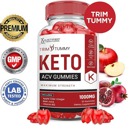 (3 Pack) Trim Tummy Keto ACV Gummies Advanced Formula 1000MG Trim Tummy Keto Gummies Apple Cider Vinegar Formulated with Pomegranate Beet Juice Powder B12 Vegan Non GMO 180 Gummys