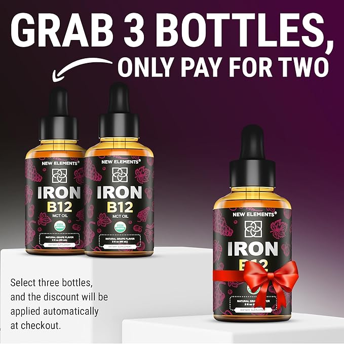 Liquid Iron Supplement for Women & Men with Vitamin B12 5000mcg - Free Blood Builder for Anemia - Liquid Vitamin B12 Drops for Adults with MCT Oil, Natural Grape Flavor, 2 Fl Oz