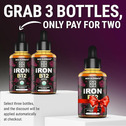 Liquid Iron Supplement for Women & Men with Vitamin B12 5000mcg - Free Blood Builder for Anemia - Liquid Vitamin B12 Drops for Adults with MCT Oil, Natural Grape Flavor, 2 Fl Oz