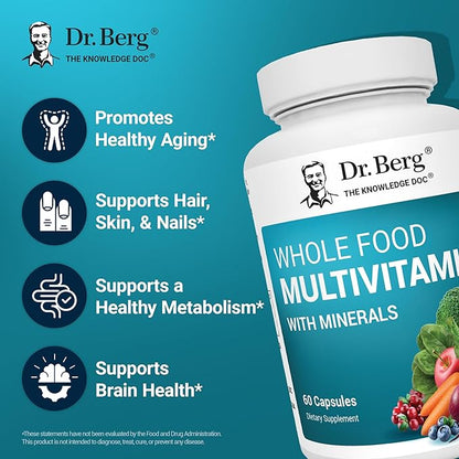 Dr. Berg Whole Food Multivitamin with Minerals - Daily Multivitamin for Men and Women - Includes Premium Whole Food Fruits and Vegetable Blend with Folate, Alpha-lipoic Acid and More - 60 Capsules