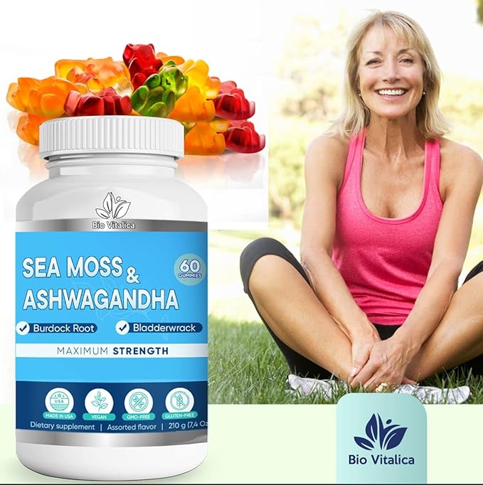 Sea Moss Ashwagandha Gummies - Organic Irish Seamoss & Ashwa Root Powder Supplements for supporting Energy & Immunity for Men and Women
