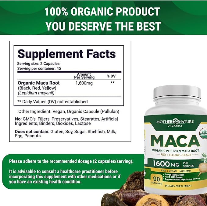 Mother Nature USDA Organic Maca Root Capsules 1600mg, Vegan, Raw Maca Supplement for Stamina, Hormonal Balance & Well-Being, Non-GMO Premium Peruvian Maca for Men & Women, Reproductive Health (90ct)