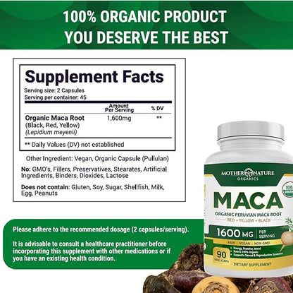 Mother Nature USDA Organic Maca Root Capsules 1600mg, Vegan, Raw Maca Supplement for Stamina, Hormonal Balance & Well-Being, Non-GMO Premium Peruvian Maca for Men & Women, Reproductive Health (90ct)