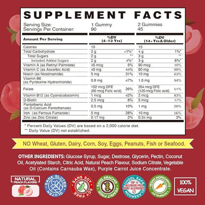 Iron Gummies Supplements for Women & Kids - Multivitamin with Iron for Blood Oxygen, Great Tasting Iron Gummy Vitamins with Vitamin C for Max Absorption - Vegan Iron Chewable, Peach Flavor(3 Packs)