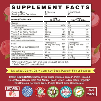 Iron Gummies Supplements for Women & Kids - Multivitamin with Iron for Blood Oxygen, Great Tasting Iron Gummy Vitamins with Vitamin C for Max Absorption - Vegan Iron Chewable, Peach Flavor(3 Packs)