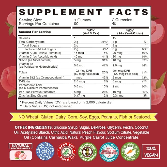 Vegan Iron Gummies Supplement - with Vitamin C, A, B-Complex, Folate, Zinc for Adults & Kids - Blood Builder & Energy Support for Iron Deficiency, Anemia, No After Taste - Peach Flavor (90 Ct)