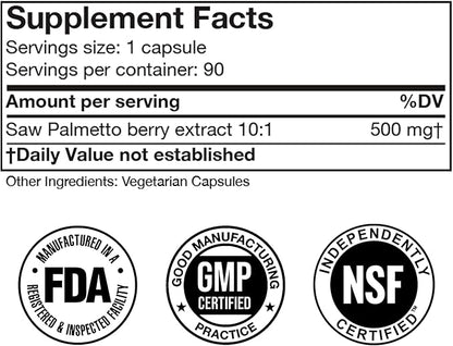 Saw Palmetto for Men and Women 5000mg, Prostate Health Support Supplements for Men, Saw Palmetto Extract, Extra Strength Formula, Made in FDA-Registered, NSF-Certified Facility, 90 Capsules