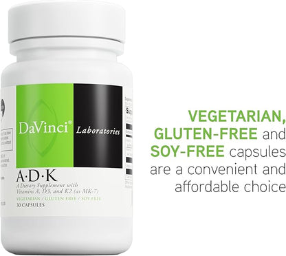 DAVINCI Labs ADK - Helps Support Bone, Heart & Immune Health* - Dietary Supplement with Vitamins A, D3 & K2 (as MK-7) - Vegetarian, Gluten Free & Soy Free - 30 Capsules